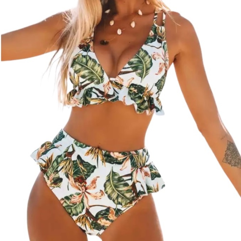 Floral Tropical High Waisted Bikini Set Large